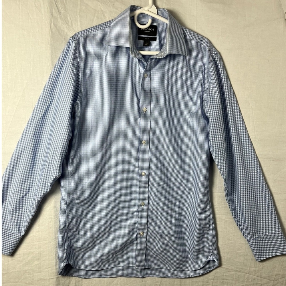 Bonobos Shirt Mens 16/35 Slim Fit Blue White Houndstooth Wrinkle-Free EUC